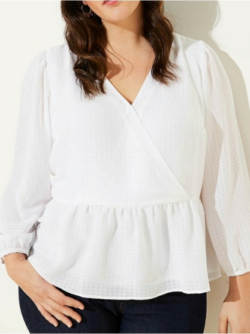 LOFT Women's Large White Peplum Blouse Gathered Waist Top